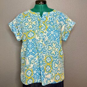 Ann Taylor Linen Tunic Top Women’s M Blue Yellow Tile Print Short Sleeve